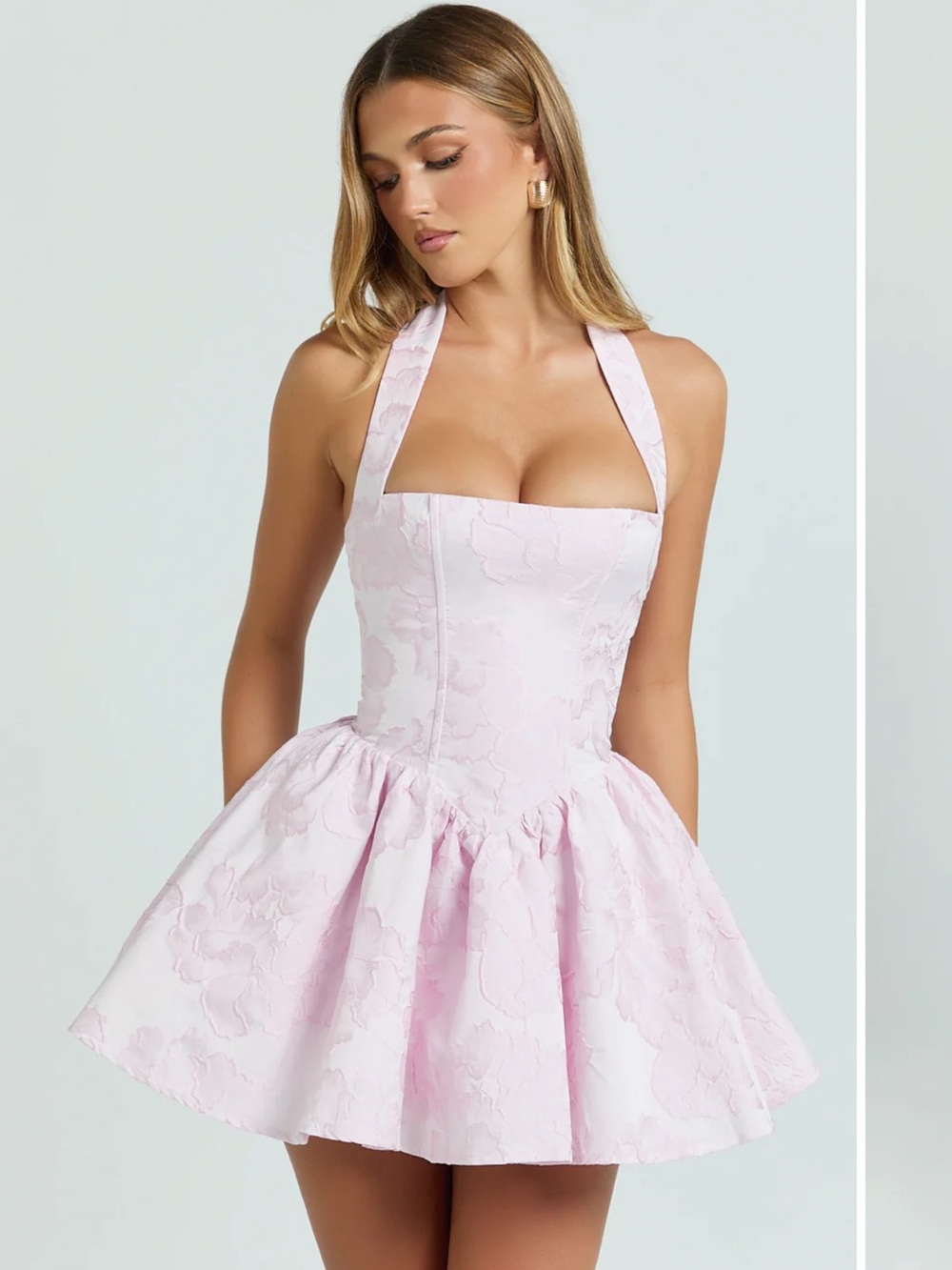 Showpo Pink Floral Jacquard Halter Mini Dress